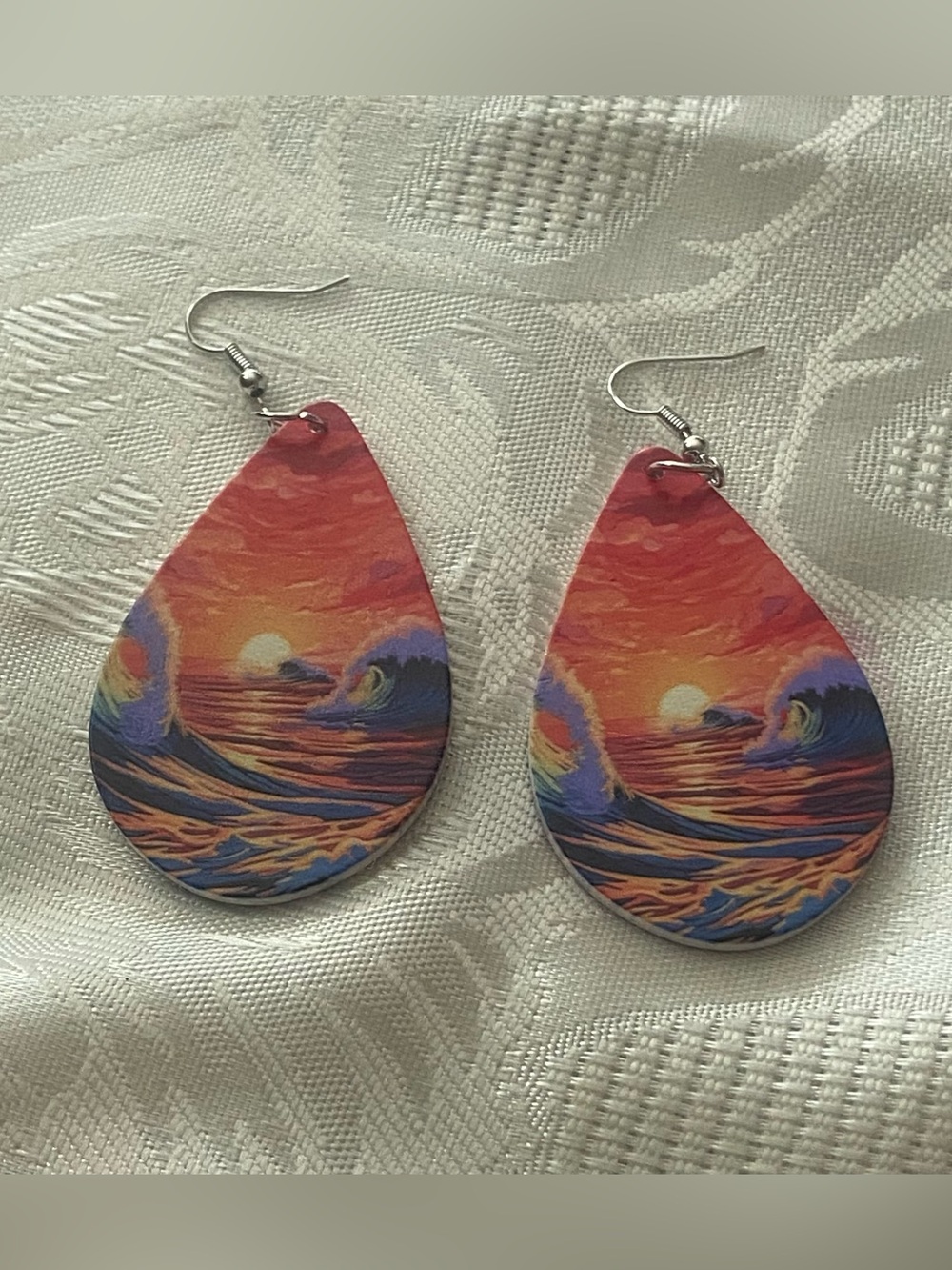 3” Dangle Earrings Teardrop Beach Sunset On The Ocean Acrylic Tropical Vacation